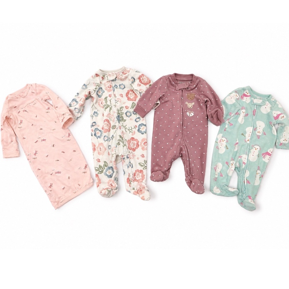 Carter's Child of Mine Newborn Baby Girl Sleeper Gown Bundle 4pc Floral Snowman